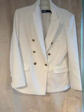 ZARA Women’s White Double-Breasted Tailored Blazer Gold Crest Buttons XL